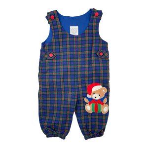 Vintage Baby Boy Christmas Romper, Plaid Teddy Bear Applique Overall Size 6-9 mo